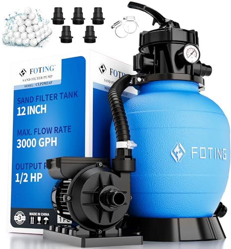 FOTING Sand Filter Pump for Above Ground Pool, Pool Sand Filter with Timer, 7-Way Multi-Port Valve, Pool Pumps Above Ground, 12in 1/2HP 3000GPH for 8000GAL Pool