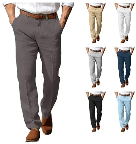 Générique Pantalon Chino Homme Été Lin Coupe Droite Chic et Élégant Décontracté Pantalons Habillé à Pince Léger Casual Respirant Pantalon avec Poches Modèle à Boutons