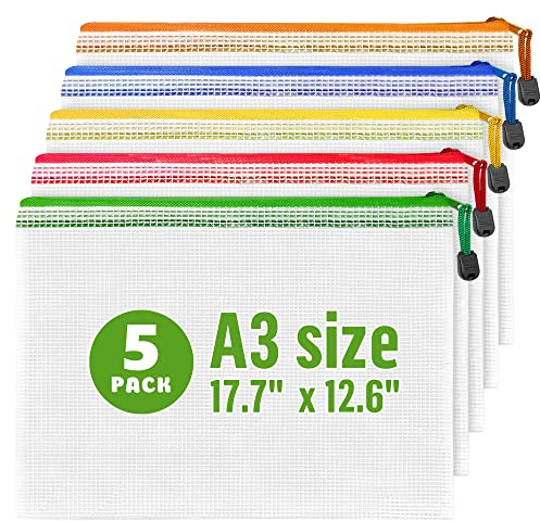 5 Pack Mesh Zipper Pouch Bags A3 - Plastic Zipper Pouches for Organizing 17.7x12.6 inch - Game Storage Bags - Puzzle Organizer Bags - Large Zip Pouch Bags - Mesh Pouch with zip - Puzzle Bags