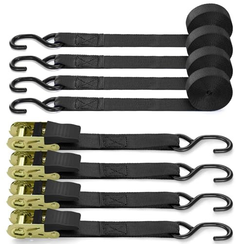 Sangle à cliquet 4 pièces, Ohuhu 680kg 4,6m Sangles de Serrage à cliquet Sangle d'arrimage avec tendeur à cliquet pour Le Transport Quotidien et Le Regroupement de Marchandises, Noir
