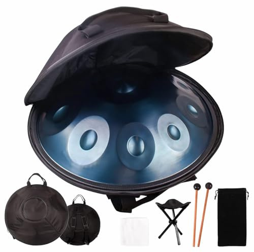 Tambour Handpan en Ré Mineur, 9 Notes 22 en Acier avec Sac Souple, 2 Maillets, Support pour Guérison Sonore, Méditation et Relaxation Personnelle (Bleu)