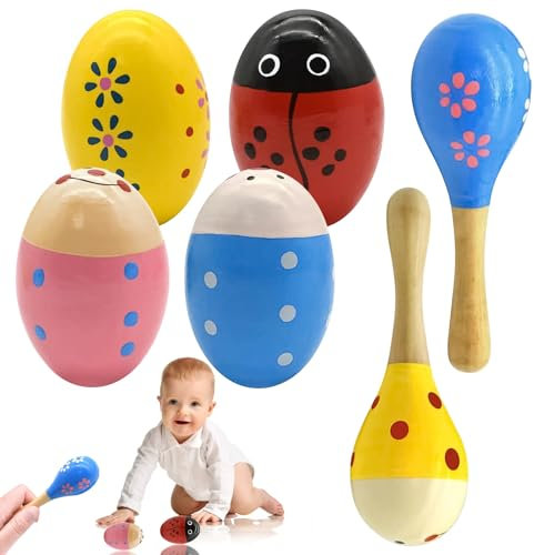 LETTERASHQP 6 Stück Maracas Eier Shaker Holz,Hölzerne Eierschüttler Maracas für Holzrassel für Partygeschenke, Kinder, Osterkorbfüller