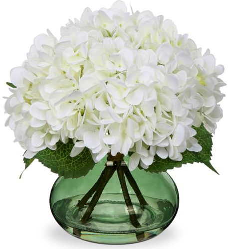 Oairse Flores artificiales con 4 hortensias en jarrón de cristal, flores artificiales de hortensia 3D de toque real, flores artificiales como hortensias reales para boda, hogar, hotel, fiesta, arreglo