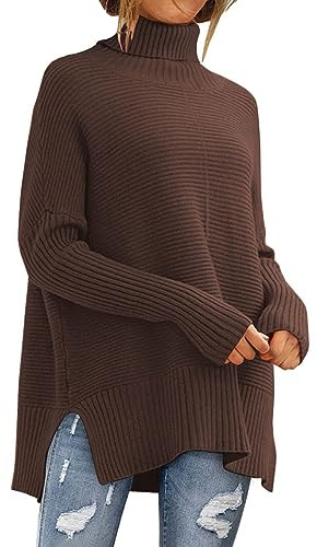YCBMINGCAN Jersey de mujer con cuello alto de algodón, manga larga, tejido, cómodo, suéter de gran tamaño para mujer de invierno, marrón, XL