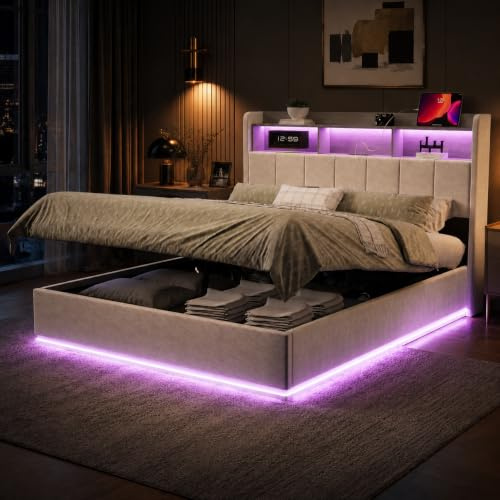 Cama tapizada para cama doble de 140 x 200 cm, LED, cama de almacenamiento hidráulica, cama funcional con espacio de almacenamiento y somier, cabecero con función de carga USB tipo C y compartimento