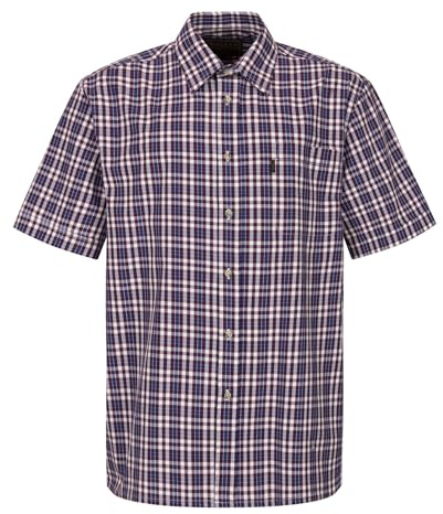 WALKER AND HAWKES - Men's Checkered Blue and Red 100% Cotton Short Sleeve Canterbury Country Shirt with Pocket Classic-Fit - Wine - Medium (40'')