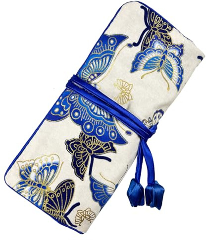 Wei Long Jewelry Roll, Travel Jewelry Roll Bag,Silk Embroidery Brocade Jewelry Organizer Case with Tie Close (Butterfly,White)