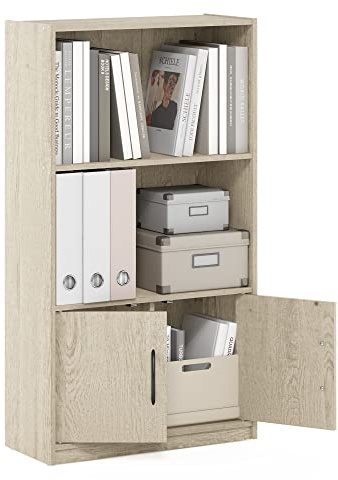 Furinno GRUEN Book Shelf, 3-Tier Bookshelf, Bookcase with Open Shelf with 2 Doors Storage Cabinet, 9.3 x 21.8 x 39.5, for Living Room, Bedroom, Home Office, Metropolitan Pine