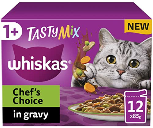 Whiskas Tasty Mix 1+ Chef`s Choice in Gravy 48x85g Pouches, Adult Cat Food, Pack of 4 (12x85g) - Packaging may vary