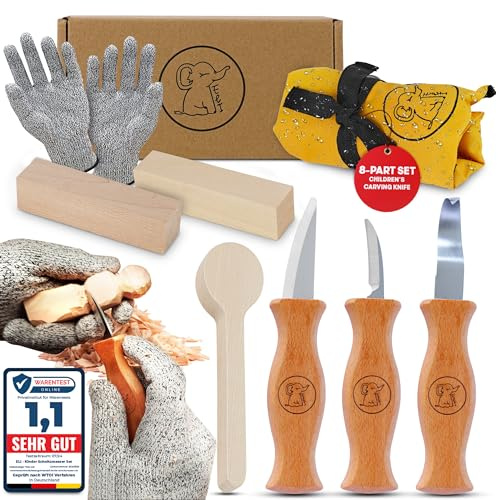 Eli® Schnitzmesser Kinder Set ab 6 Jahre - hochwertiges 8-teiliges Kindermesser Schnitzset inkl. schnittfeste Handschuhe und Schnitzholz - Lindenholz - Schnitzwerkzeug - Outdoor Messer - Taschenmesser