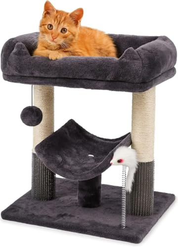 Grey Cat Tree Tower with Sisal Scratching Posts, Condo, Bed, Dangling Ball & Playful Mouse - Sturdy 50cm Perch for Cats, Kittens & Pets - Entertainment & Comfort Furniture for Feline Fun