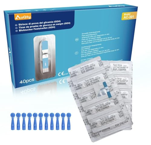 AuQty Tiras de Prueba de Glucosa en Sangre Envueltas Individualmente 40pcs Tiras de Prueba de Azúcar en Sangre (Apropiadas para el medidor AC-301)