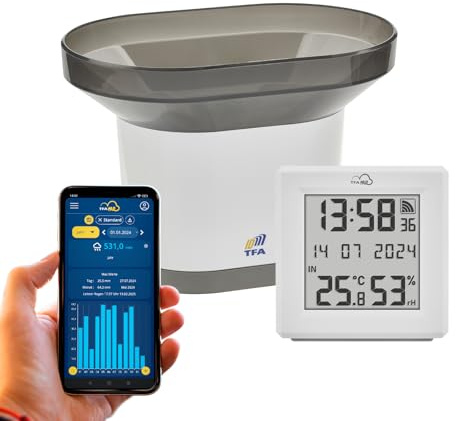 TFA Dostmann TFA.me Starter Set Pluviometro e gateway, 35.8111, per il monitoraggio online della quantità di pioggia, incluse piovimetro, con portale online TFA.me, per giardino e casa, bianco