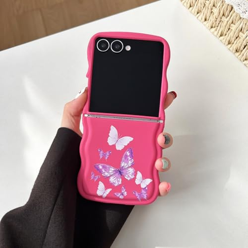 UEEBAI Fodral för Samsung Galaxy Z Flip 7 5G, vågor ramform silikon mobiltelefonfodral med fjärilsmönster, smal passform mjuk stötfångare skydd fodral skyddsfodral för kvinnor flickor, rosenröd