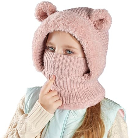 Koerye Fille Garçon Cagoule Hiver 4 à 10 Ans Chaud Cache Oreilles Chapeaux Tricoté Balaclava Casquette Polaire Mignon Thermique Enfant Chaud Cache Cou Oreilles Rose