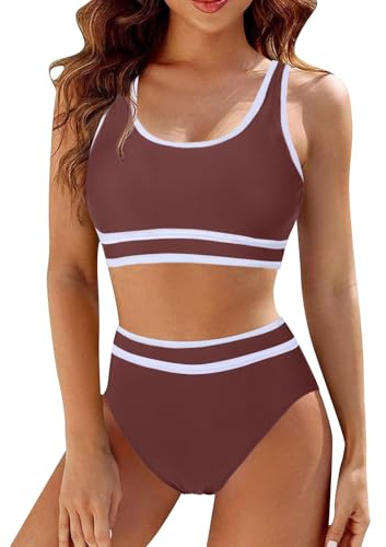 Mayoii Costume da bagno da donna a 2 pezzi, a vita alta, con slip imbottito push-up e controllo della pancia, costumi da bagno, Marrone chiaro, M