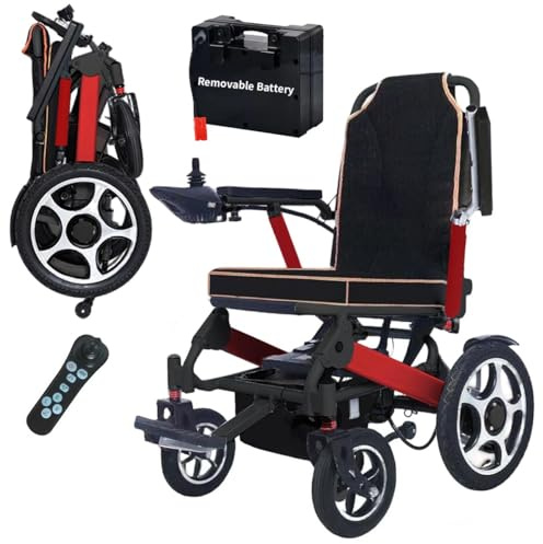 Foldable Electric Wheelchair, Folding Power Chair, 20 KM Removable Lithium Battery, 2 X 200W Brushless Motor, 19 KG Lightweight, Remote Control, Aluminium Frame, Electromagnetic Brakes, Red