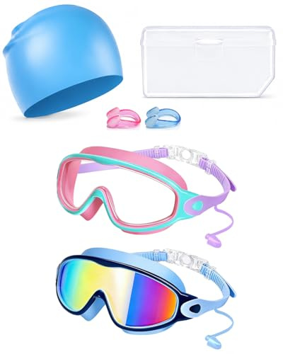 TorsuupTittan Kids Swimming Goggles 2 Pack with Swim Cap, Swim Goggles for Kids Ages 6-14 Boys Girls, Anti Fog UV Protection No Leak Wide View Kids Goggles with Nose Clips, Ear Plugs & Case