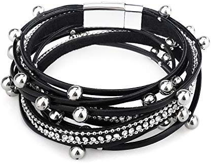 Gleamart Multi-Layer Leather Bracelet Beads Wrap Cuff Bangle for Women Girls Black