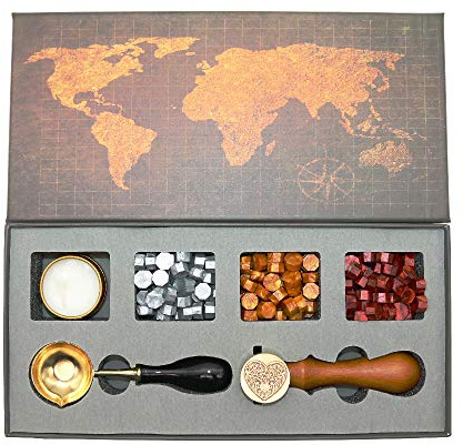 BITEYI Tampon de cire kit,Sceaux pour Cachet kit avec Perles de Cire d'étanchéité,Laiton Cachet Sceau,Cuillère à Cire,Coffret Cadeau (Amour)