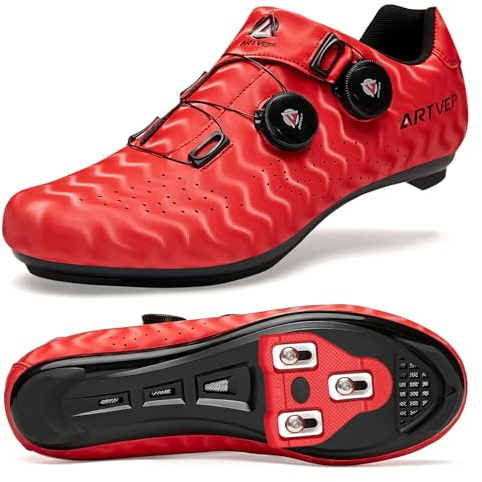 Zapatillas de Ciclismo para Hombre Zapatillas de Bicicleta de Carretera para Mujer compatibles con Look SPD SPD-SL Delta Cleats Zapatillas para Bicicleta de Interior Exteriores Rayas Rojo EU46