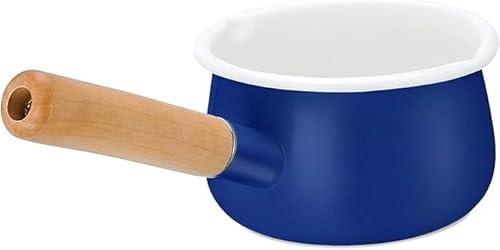 YumCute Home Enamel Milk Pan with Dual Pour Spout Butter Warmer Milk Pot for Stove Top Healthy White Enameled Inside Coating Iron 1QT Small Soup Pot with Wooden Handle (Blue)