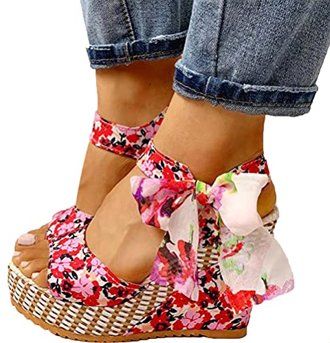 Onsoyours Sandales à Talons Hauts Femme Plateforme Été Sandales À Fleurs Compensées Bout Ouvert Rome Chaussures pour Plage Vacances A Rouge 40 EU