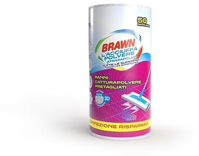 Brawn Acciuffapolvere HQ Rotolo con Panni Pretagliati per Scope Standard e Scope Maxi, Tessuto in Texture 3D ad Alto Spessore con Maggiore Potere Elettrostatico, Rotolo da 50 Panni Pretagliati