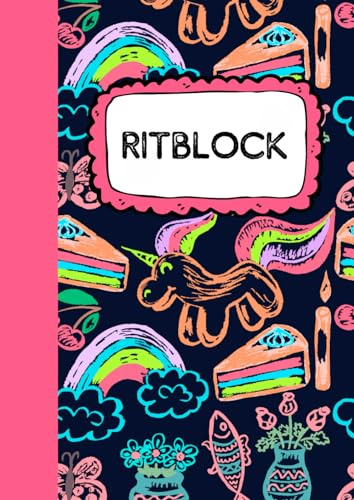 RITBLOCK: Stort ritbok för barn | 100 vita ark att rita på | A4-format | Omslag enhörning med gulliga mönster.