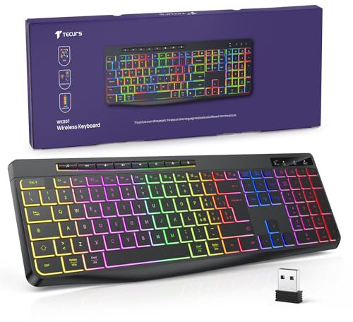 TECURS Tastiera Wireless Gaming Tastiera Italiana Pc Silenziosa Con Controllo Multimediale Retroilluminato, Ricaricabile Tastiera USB Ergonomica, Anti-ghosting da 2,4 GHz per Windows, Mac, PC