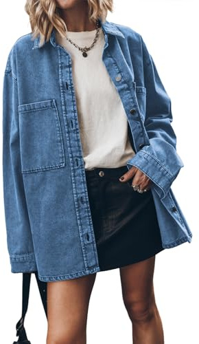 PLNOTME Womens Oversized Jean Jacket Casual Button Up Denim Overshirt Trendy Long Sleeve Denim Jacket Coat