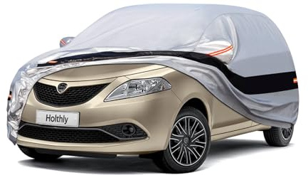 Holthly Telo Copriauto per Lancia Ypsilon (1992-2024), 100% Impermeabile Telo Auto. Pioggia, Sole, Polvere e Protezione UV, Telo Copri Auto da Esterno con Fodera in Cotone. Argenteo
