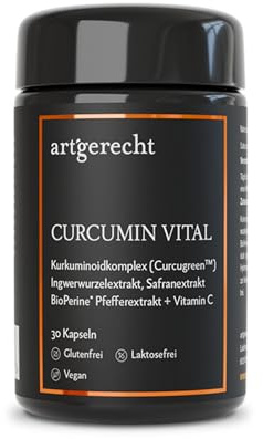 CURCUMIN VITAL – 30 Kapseln | Curcumin Komplex: hochdosiertes KurKumin (Curcugreen™) mit schwarzem Pfeffer (BioPerine®), Extrakten aus Ingwer & Safran | vegan, natürlich, laborgeprüft