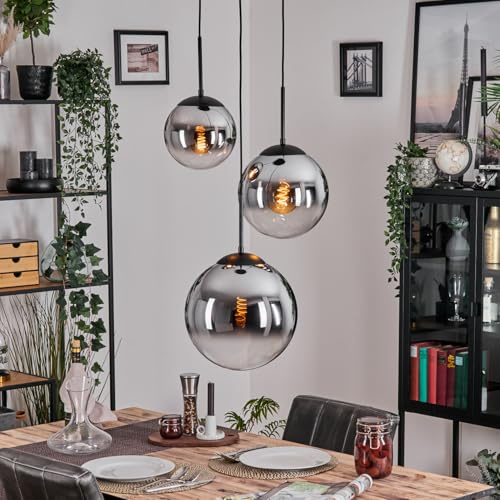 Gastor taklampa, hängande lampa av metall/glas i svart/krom/rökfärger, retro/vintage design armatur med glasskärmar (Ø 20, 25, 30 cm), max. höjd 128 cm, 3 x E27, utan glödlampor
