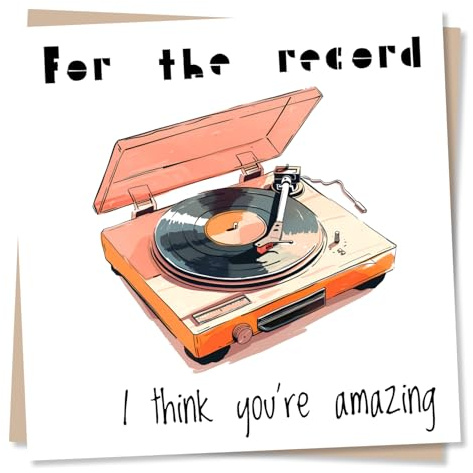 Nokular Appreciation Greeting Card – I Think You’re Amazing Retro Record Player Design – Blank Inside (135 x 135 mm) – Made in UK – With Envelope