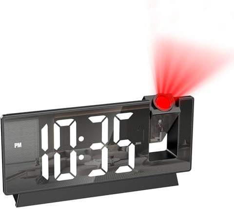 OQIMAX Digitaler Wecker mit Projektion, Projektionswecke mit 4 Stufen Bildschirmhelligkeit, Projektion Uhr mit Temperatur, Datum, 12/24H, Snooze, LED-Spiegeluhr Wecker Digital für Schlafzimmer Büro