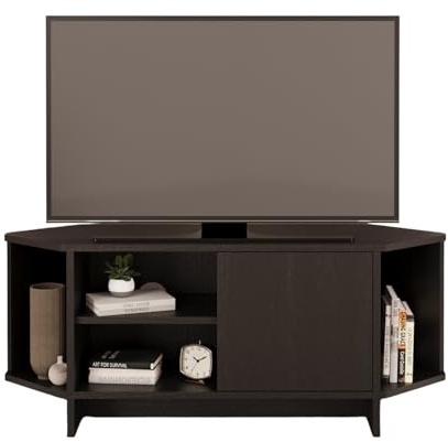 Bimossa Teo Corner TV Stand – Space-Saving TV Unit for 43–48'' TVs, Compact Media Console with Open Shelves & Cabinet, Ready to Assemble, Available in 5 Colours (Black)