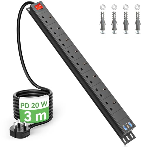 3m Cable 8 Way Power Strip Surge Protector, 8 Way Extension Lead USB C PD20W with Switches, Wall Mount Power Strip with Metal Casing for Home Office Industrial Use, Black, 13A