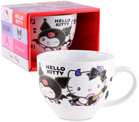Taza de cerámica Kuromi Music de Hello Kitty, 340 ml, con asa, diseño oficial de Sanrio, regalo para niños y aficionados, taza de café