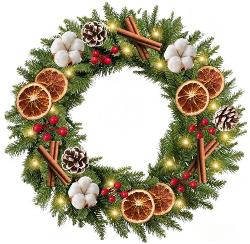 Türkranz Weihnachten, 46cm Weihnachtskranz Haustür, Türkranz Weihnachten Außen mit Rote Beeren, Getrocknete Orangenscheiben, Tannenzapfen, Zimtstangen, Weihnachtsdeko für Haustür, Wand, Fenster