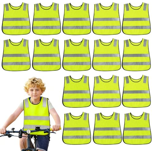 PORFOYO 16 Pièces Gilet Jaune Enfant, Gilet Securite Enfant, Gilet Fluo Enfant Gilet Haute Visibilité pour Velo Plein Air Course à Pied 3-12 Ans Enfants