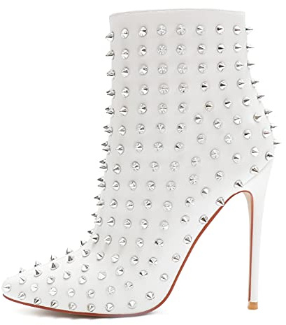 COLETER Women's Fashion White Ankle Boots with Rivets Closed Pointed Toe Stilettos Autumn Warm Dress Booties White 8 US