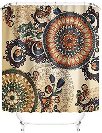 M&W DAS DESIGN Duschvorhang Mandala Retro Orientalisch Pflanzen Boho Textil Blumen Vorhang Schimmelresistent beige Blätter Kreise Flora Farbfest inkl. 12 C-Ringe Gewicht unten