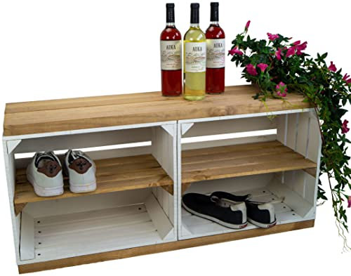 Kistenkolli Altes Land Schuhregal mit Sitzbank aus Obstkisten und massiven (Sitzbank Weiss mit Natur Planken und Mittelbrettern)