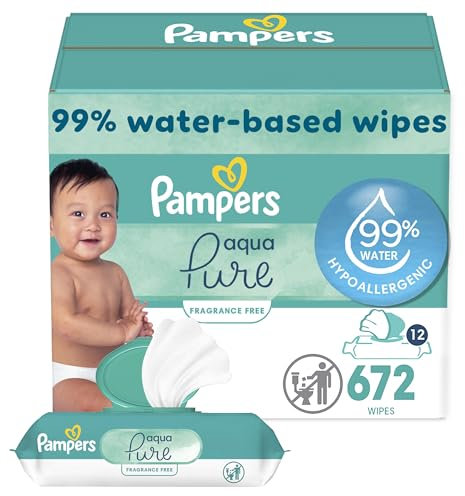Pampers Aqua Pure Baby Wipes, 99% Water, Fragrance Free, 672 Baby Wipes Total (12X Flip-Top Packs) [Packaging May Vary]