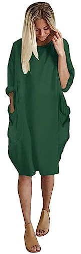 Vimoli Robes Tunique Femme Chic Col Rond Pull T-Shirt Robes au Genou Couleur Unie Ample Robes Décontractée à Manches Longues Grande Taille Baggy Robes Casual avec Poches(B Vert armée,6XL)