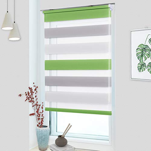 MupFup Doppelrollo Klemmfix ohne Bohren,Duo Rollo Klemmrollo Grün-grau-Weiß 85 x 160cm(BxH), Lichtdurchlässig & Verdunkelnd Fensterrollo für Schlafzimmer, Badezimmer, Wohnzimmer Fenster und Tür