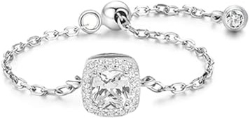 IMINI Bague en argent sterling S925 avec pendentif en oxyde de zirconium et boule de perles réglable avec pierre de naissance empilable - Bijoux tendance pour femmes et filles, Argent sterling, Oxyde