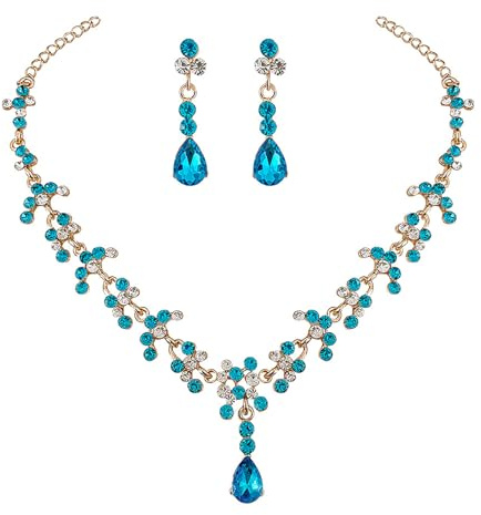 Faruodis Wedding Necklace Earrings Sets for Women Crystal Bridal Flower Pendant Necklace Chain Vintage Rhinestone Necklace Teardrop Ball Dangle Jewelry for Bride Bridesmaid (Blue)