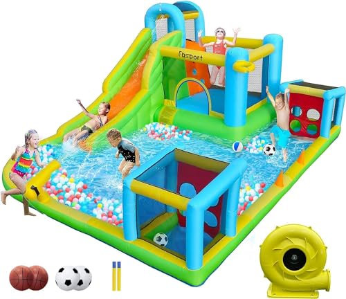 FBSPORT Hüpfburg Outdoor mit Ventilator 480 x 370 x 210 cm Hüpfburgen Kinder Aufblasbar Hüpfburg Outdoor XXL Outdoor Groß Hüpfburg mit Rutsche Geeignet für Kinder